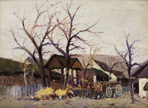 Horse Cart in a Farming Village under Bare Trees
